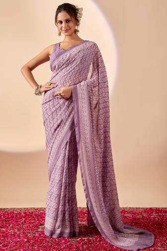 lavendar digital floral print chiffon festive ethnic saree with blouse