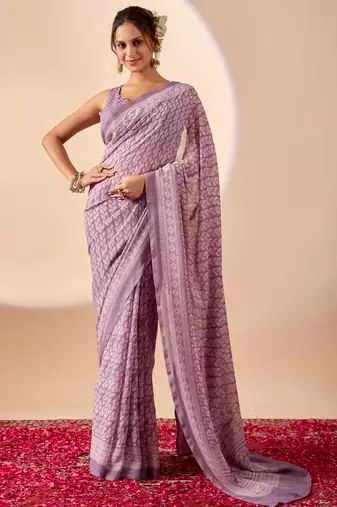 lavendar digital floral print chiffon festive ethnic saree with blouse