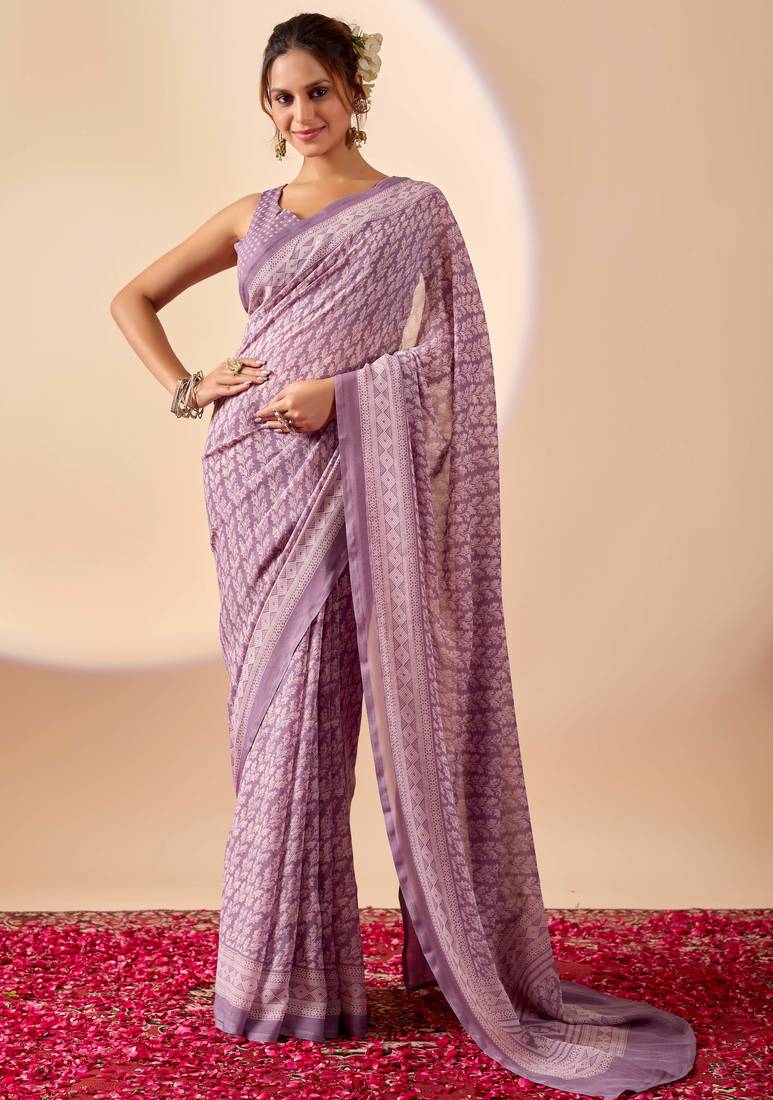 lavendar digital floral print chiffon festive ethnic saree with blouse
