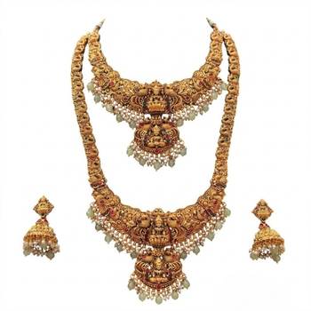 Antique gold-plated traditional indian temple haram & choker set with jhumka earrings - statement bridal jewelry 2