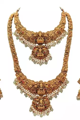 Antique gold-plated traditional indian temple haram & choker set with jhumka earrings - statement bridal jewelry