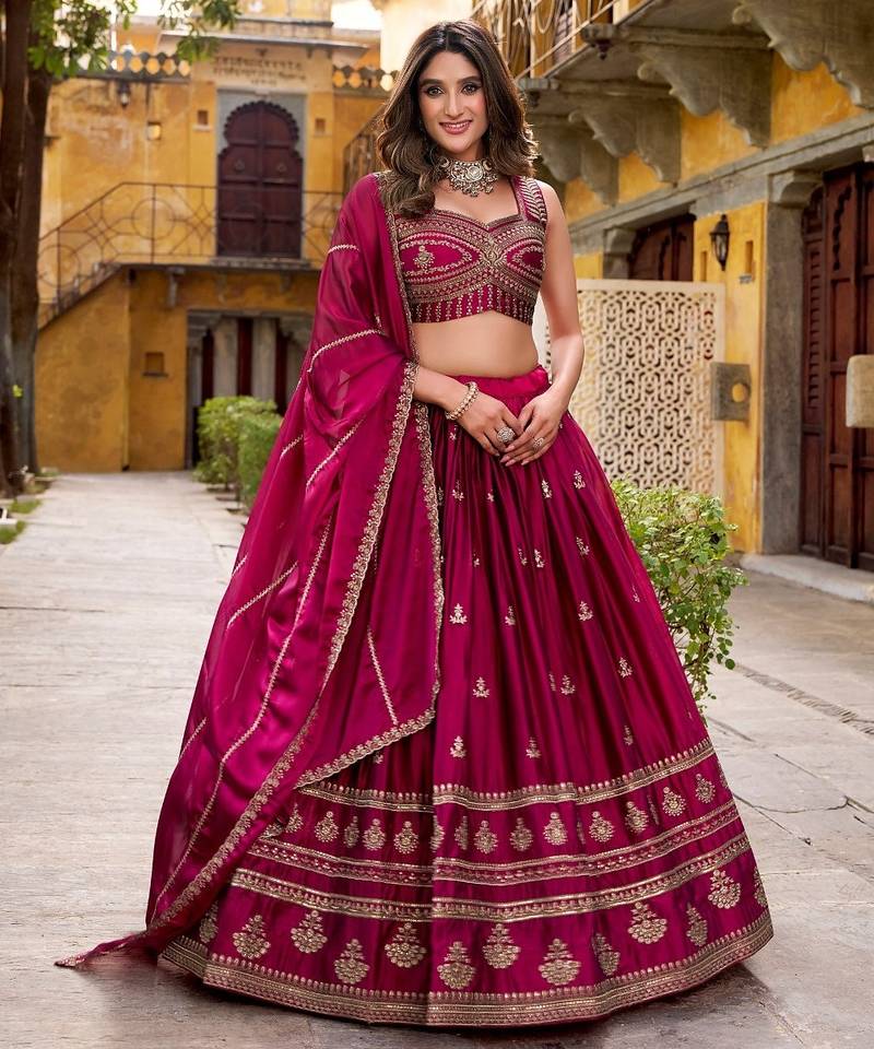 Dark Magenta Silk-blend Lehenga Choli