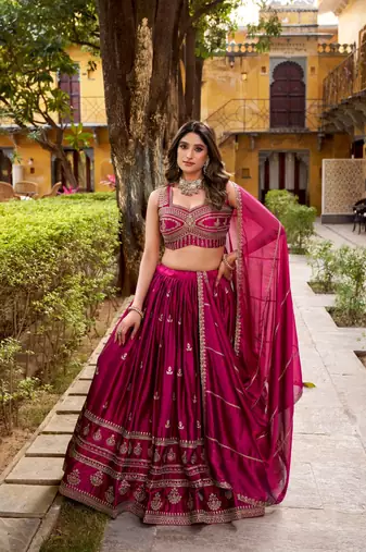 Dark Magenta Silk-blend Lehenga Choli