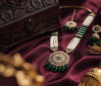 Long pearl mala golden rainbow diamond studded jumkee tikka Necklace :: set 3