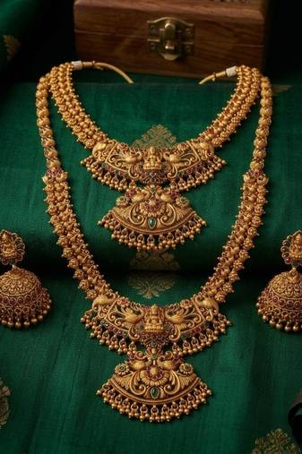 Exquisite handcrafted antique gold temple jewelry set - short choker, long haram & jhumka earrings