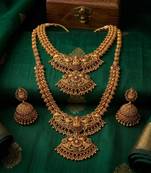 Exquisite handcrafted antique gold temple jewelry set - short choker, long haram & jhumka earrings