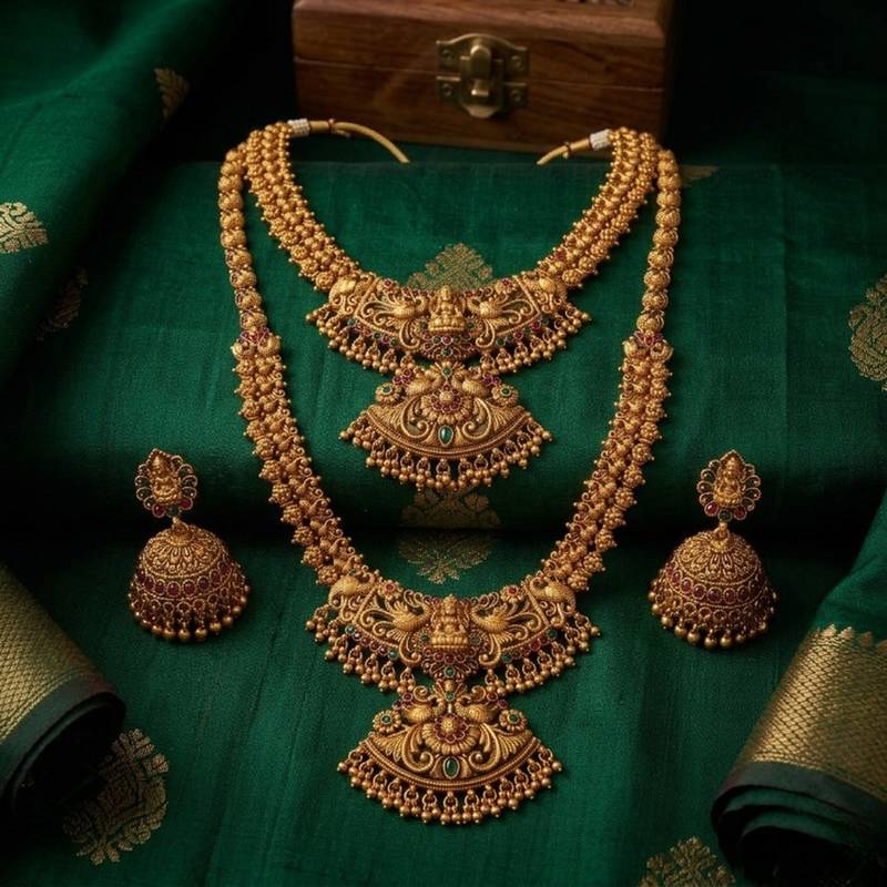 Exquisite handcrafted antique gold temple jewelry set - short choker, long haram & jhumka earrings