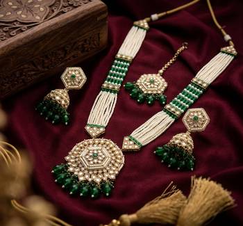 Long pearl mala golden rainbow diamond studded jumkee tikka Necklace :: set 4