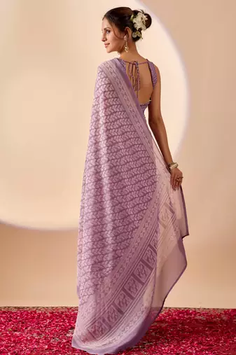 lavendar digital floral print chiffon festive ethnic saree with blouse