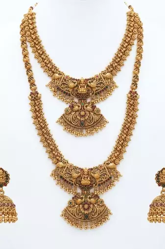 Exquisite handcrafted antique gold temple jewelry set - short choker, long haram & jhumka earrings