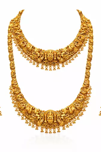 Handcrafted traditional gold-plated temple jewelry set | ethnic bridal lakshmi Necklace :: & earrings for women