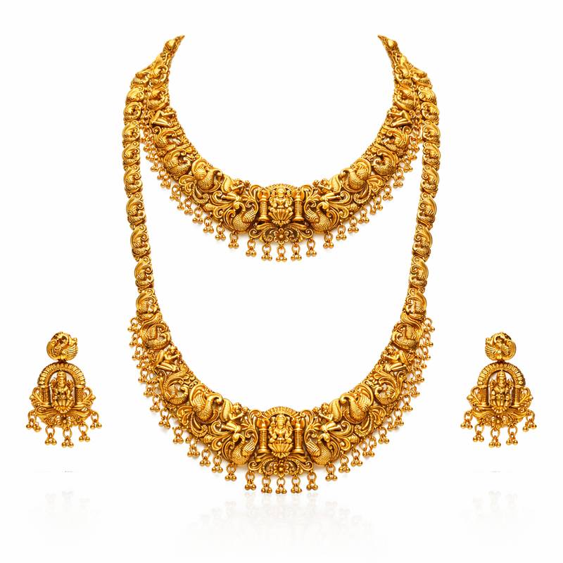 Handcrafted traditional gold-plated temple jewelry set | ethnic bridal lakshmi Necklace :: & earrings for women
