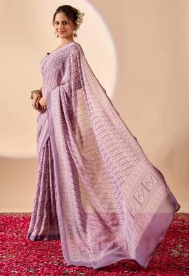 lavendar digital floral print chiffon festive ethnic saree with blouse 3