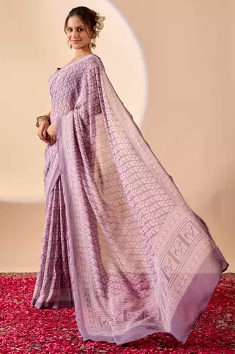 lavendar digital floral print chiffon festive ethnic saree with blouse