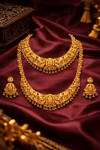 Handcrafted traditional gold-plated temple jewelry set | ethnic bridal lakshmi Necklace :: & earrings for women