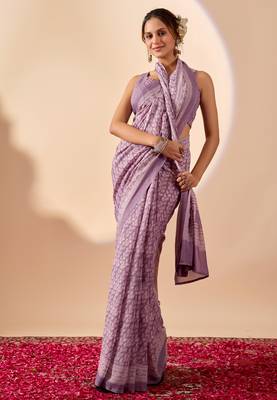 lavendar digital floral print chiffon festive ethnic saree with blouse 4