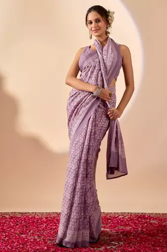 lavendar digital floral print chiffon festive ethnic saree with blouse