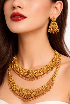 Handcrafted traditional gold-plated temple jewelry set | ethnic bridal lakshmi Necklace :: & earrings for women 3