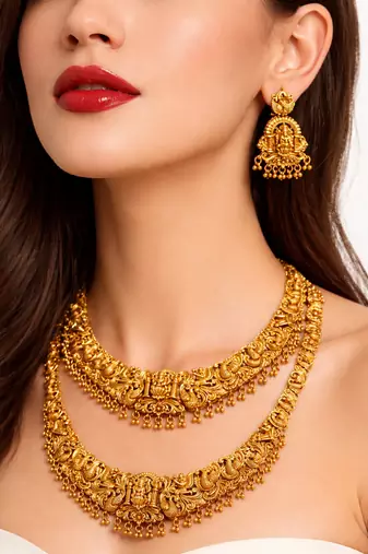 Handcrafted traditional gold-plated temple jewelry set | ethnic bridal lakshmi Necklace :: & earrings for women