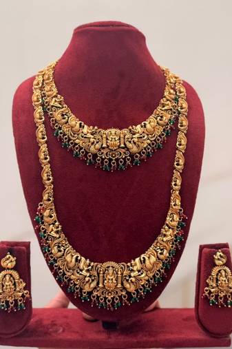 Handcrafted traditional gold-plated temple jewelry set | ethnic bridal lakshmi Necklace :: & earrings for women