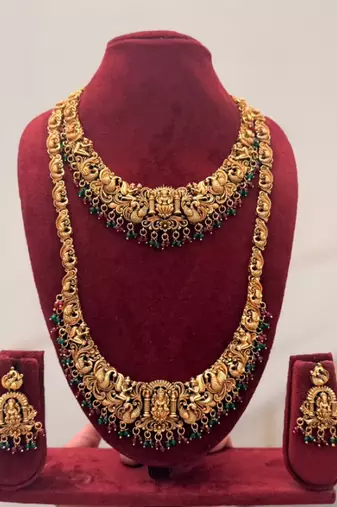 Handcrafted traditional gold-plated temple jewelry set | ethnic bridal lakshmi Necklace :: & earrings for women