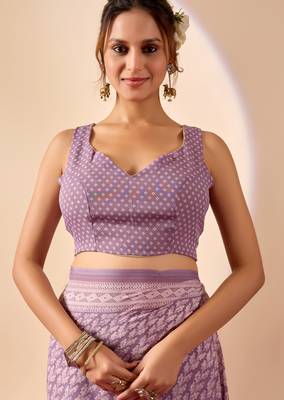 lavendar digital floral print chiffon festive ethnic saree with blouse 5