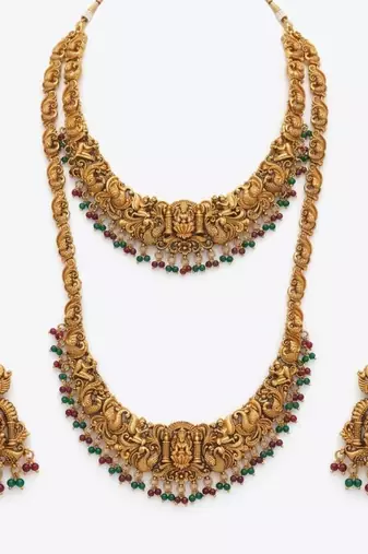 Handcrafted traditional gold-plated temple jewelry set | ethnic bridal lakshmi Necklace :: & earrings for women