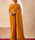 Yellow digital kalamkari print cotton silk festive elegent saree with blouse