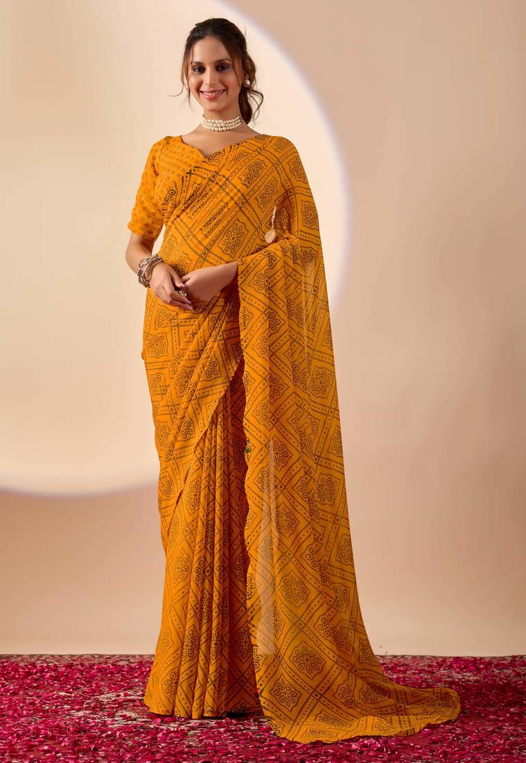Yellow digital kalamkari print cotton silk festive elegent saree with blouse