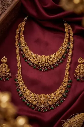 Handcrafted traditional gold-plated temple jewelry set | ethnic bridal lakshmi Necklace :: & earrings for women