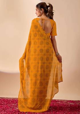 Yellow digital kalamkari print cotton silk festive elegent saree with blouse 2