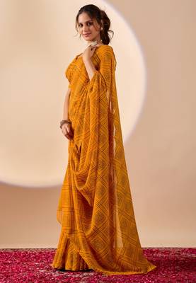 Yellow digital kalamkari print cotton silk festive elegent saree with blouse 3