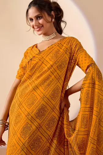 Yellow digital kalamkari print cotton silk festive elegent saree with blouse
