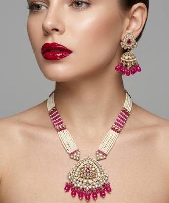 Long pearl mala golden rainbow diamond studded jumkee tikka Necklace :: set 1