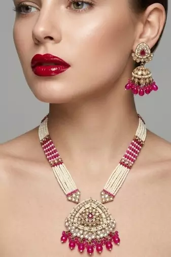 Long pearl mala golden rainbow diamond studded jumkee tikka Necklace :: set