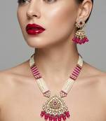 Long pearl mala golden rainbow diamond studded jumkee tikka Necklace :: set
