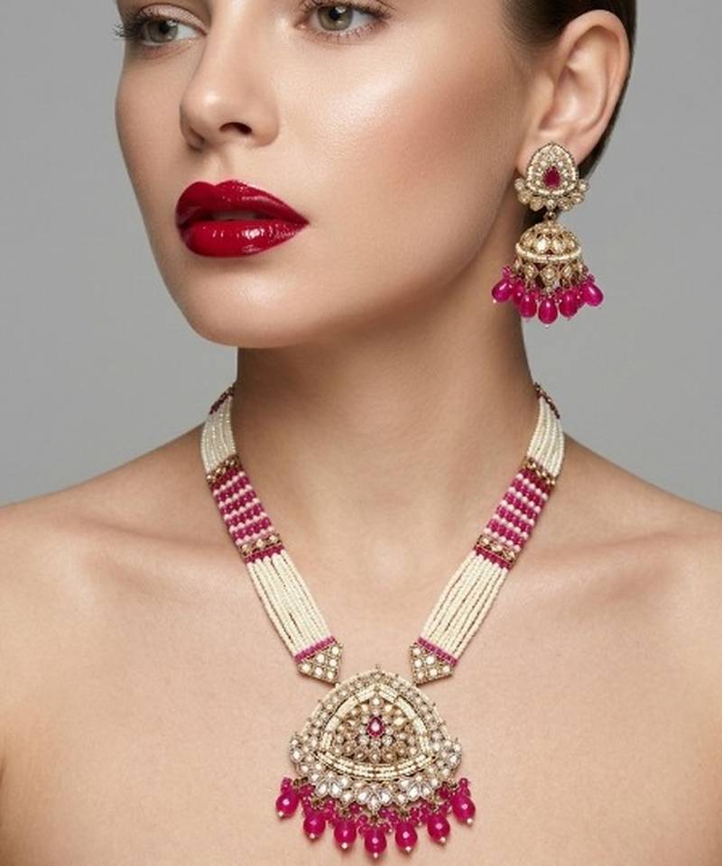 Long pearl mala golden rainbow diamond studded jumkee tikka Necklace :: set