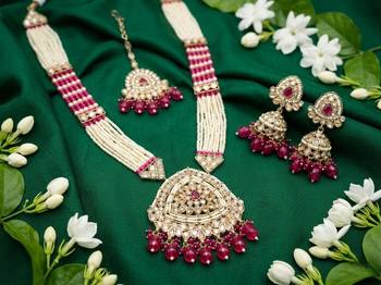 Long pearl mala golden rainbow diamond studded jumkee tikka Necklace :: set 2