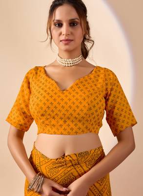 Yellow digital kalamkari print cotton silk festive elegent saree with blouse 5