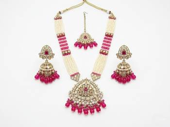 Long pearl mala golden rainbow diamond studded jumkee tikka Necklace :: set 3