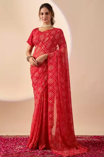 Red digital kalamkari print cotton silk festive elegent saree with blouse