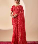 Red digital kalamkari print cotton silk festive elegent saree with blouse