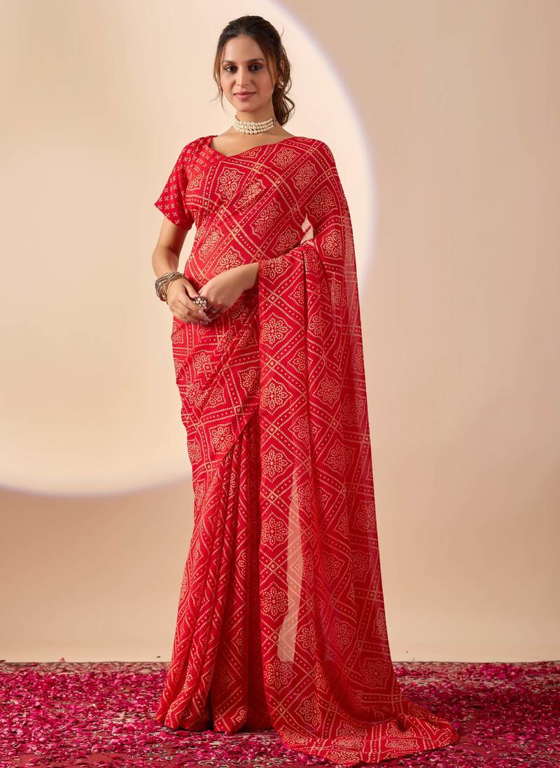Red digital kalamkari print cotton silk festive elegent saree with blouse