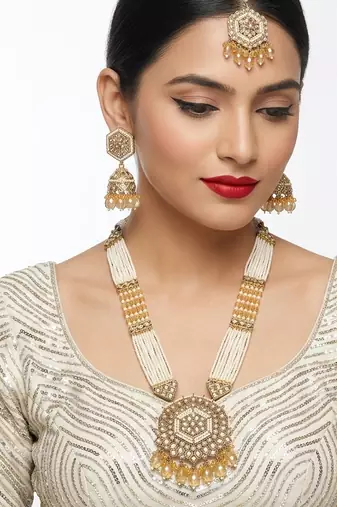 Long pearl mala golden rainbow diamond studded jumkee tikka Necklace :: set