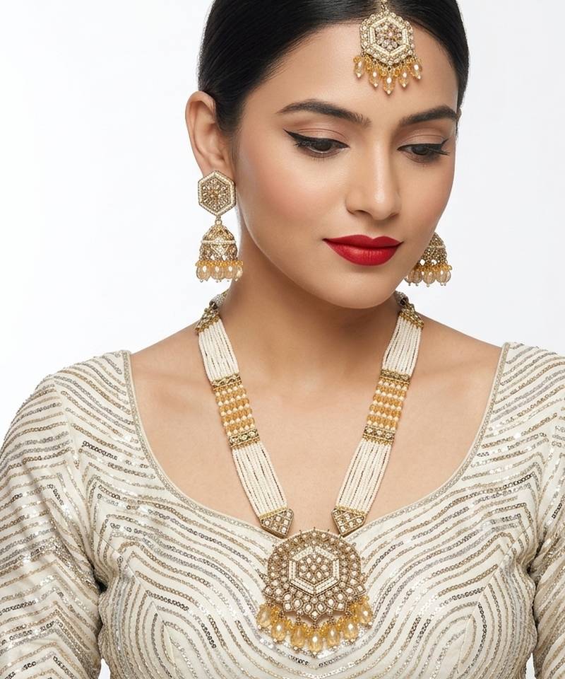 Long pearl mala golden rainbow diamond studded jumkee tikka Necklace :: set