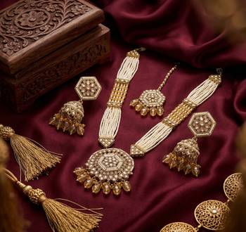 Long pearl mala golden rainbow diamond studded jumkee tikka Necklace :: set 2
