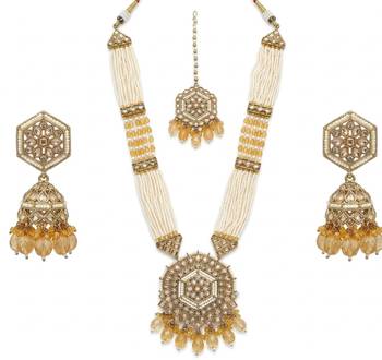 Long pearl mala golden rainbow diamond studded jumkee tikka Necklace :: set 3