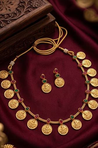 Traditional gold-plated temple lakshmi coin Necklace :: set with ruby & emerald accents