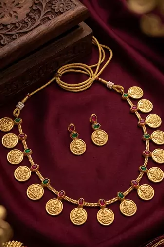 Traditional gold-plated temple lakshmi coin Necklace :: set with ruby & emerald accents