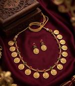 Traditional gold-plated temple lakshmi coin Necklace :: set with ruby & emerald accents